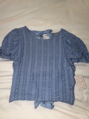 Free People Powder Blue Knit Puff-Sleeve Top